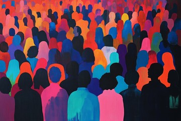 Large group of people forming a colorful crowd, attending a public event like a concert, a demonstration or a political meeting