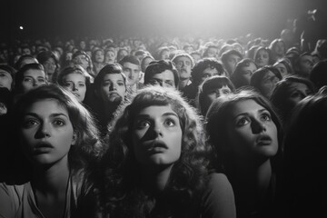 Captivated audience members watch a performance, their faces illuminated by the stage lights, experiencing a moment of shared wonder