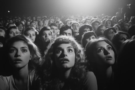 Captivated audience members watch a performance, their faces illuminated by the stage lights, experiencing a moment of shared wonder