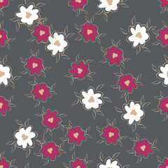 Seamless floral pattern, cute liberty ditsy print of mini botany in a romantic motif. Pretty simple botanical design: small hand drawn flowers, tiny leaves abstract on light field