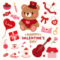 Valentine's Day Teddy Bear and Love-Themed Elements Collection. Valentine's Day clipart set featuring a teddy bear, love symbols, and festive elements like gifts, hearts, rosesand sweet treats.