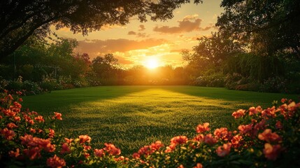 Fototapeta premium Sunset Garden Scene with Lush Green Grass and Flowers