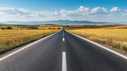 Fototapeta premium Straight road through mountains and countryside leading to the sky