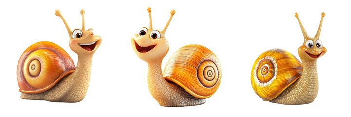 A Set of Playful Cartoon Snails with Bright Smiling Faces Isolated on transparent Background