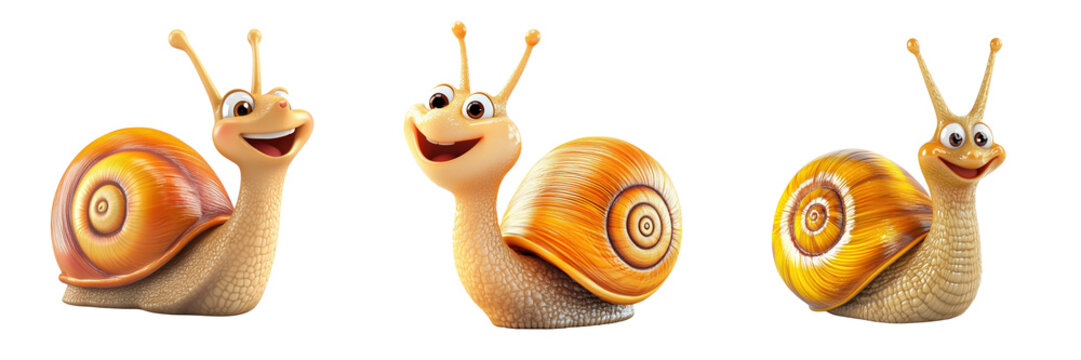 A Set of Playful Cartoon Snails with Bright Smiling Faces Isolated on transparent Background