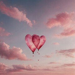 Fototapeta premium A watercolor illustration of two hearts floating in a dreamy pink sky.