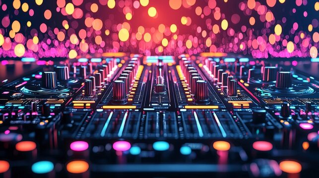 A vibrant close-up view of a DJ mixer, illuminated with colorful lights and bokeh, showcasing the art of music mixing and nightlife energy.