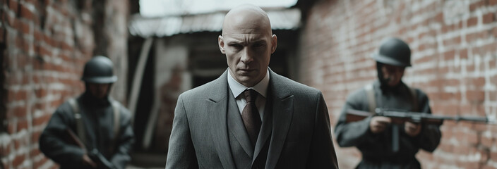 bald man in a suit visiting a gulag with guards armed with rifles, providing his escort, live-action, high angle