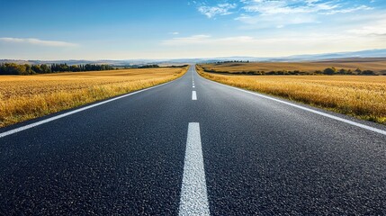 Smooth and long asphalt road in the middle of the wide grass under the bright blue cloudy sky