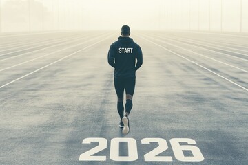A lone athlete runs towards a starting line on an empty track, where the year 2026 is marked. The early morning fog creates a serene and focused atmosphere.