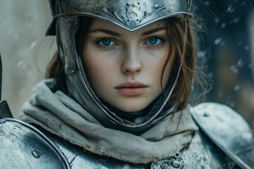 Portrait of a determined female knight wearing helmet and armor in a snowing battlefield