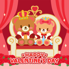 Adorable Valentine Bears in a Romantic Royal Scene. Adorable Valentine's Day illustration featuring a royal teddy bear couple sitting on a throne surrounded by romantic decorations.
