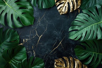 Elegant tropical design with lush green monstera leaves and golden accents arranged on black marble background with delicate gold veins. For luxury branding, modern invitations, decorative projects