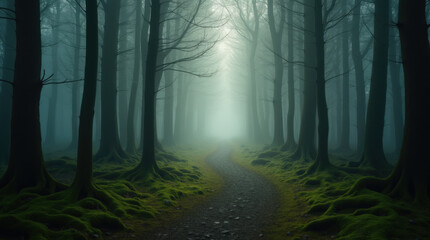 Fototapeta premium A serene forest setting features a winding path surrounded by tall trees shrouded in mist. Lush green moss covers the ground, creating a tranquil atmosphere