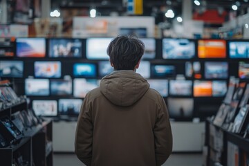 Man looking at many tv screens showing different videos in a consumer electronics store, comparing models before making a purchase