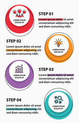 4 steps infographic template with 4 options. Flowchart that can be used for business report, data visualization and presentation. Timeline infographic elements vector illustration.
