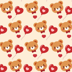 Seamless Pattern of Cute Teddy Bear with Heart Balloons for Valentine’s Day. Adorable Valentine’s Day Teddy Bear and Heart Balloon Pattern Design.