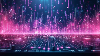 Fototapeta premium A vibrant digital music scene showcasing colorful sound waves and an electronic soundboard, perfect for stories about music, technology, and nightlife.