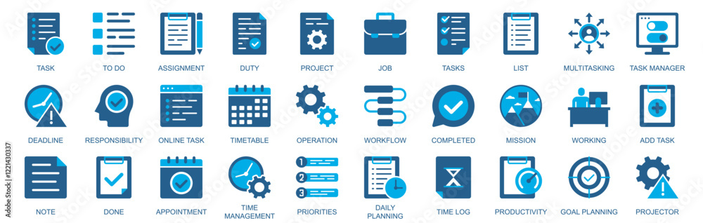 Poster task icon set in flat duotone solid icons web design. pack pictograms with to do list, assignment, d
