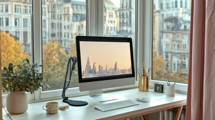 Modern home office workspace displaying new york city skyline on computer monitor by window