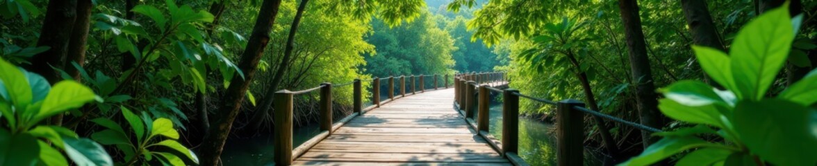 Obraz premium Elevated boardwalk winds through lush mangrove swamp , tranquil, roots, environment
