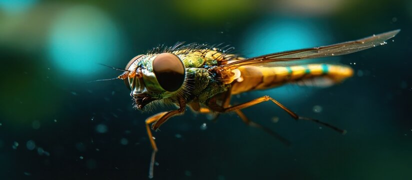 Captivating Close up Macro Photograph of a Vibrant Iridescent Fly Insect Displaying Intricate Compound Eyes and Intricate Patterns on its Body