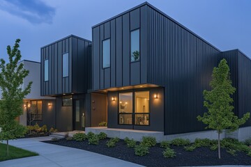 Naklejka premium A serene urban residence with flat black metal cladding, recessed lighting, and minimal landscaping