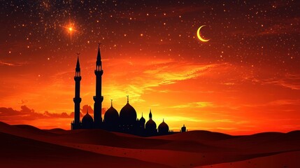 Desert Mosque Silhouette Under Starlit Orange Sky