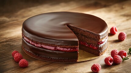A chocolate cake with a raspberry filling and a slice missing