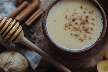 Fototapeta premium A rich spiced honey latte with a smooth milk base and a sprinkle of cinnamon and nutmeg.