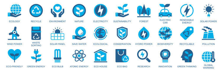 Ecology icon set in flat duotone solid icons web design. Pack pictograms with recycle, environment, nature, electricity, sustainability, forest, electric car, renewable, other. Vector illustration.