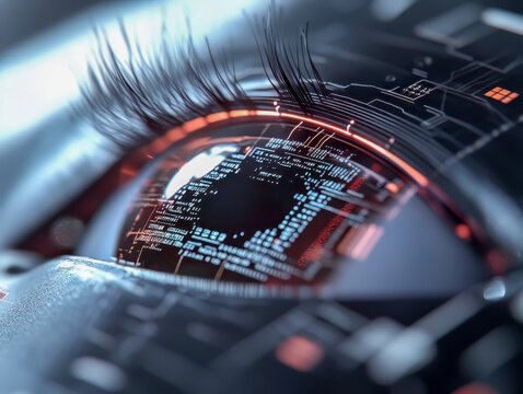 Futuristic cyborg eye showing digital information processing technology