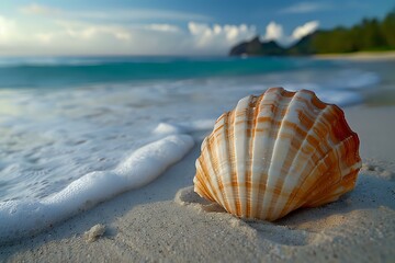 Beautiful seashell on tropical beach with gentle surf foam, turquoise ocean water and cloudy sky, perfect for travel agency advertising or spa wellness decoration.