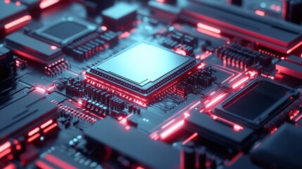 Fototapeta premium Close-up of an electronic circuit board with a motherboard, chip, and processor, showcasing technology and digital components
