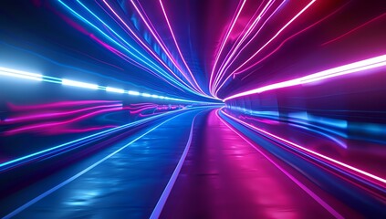 Abstract futuristic tunnel with dynamic neon light trails in vibrant blue and pink colors, perfect for technology backgrounds, gaming visuals, or modern presentations.