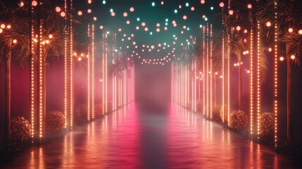 A vibrant pathway illuminated by colorful lights, creating an enchanting atmosphere perfect for celebrations or outdoor events. A dreamy scene awaits.