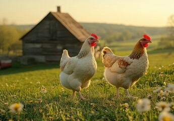 Fototapeta premium Two Chickens Roaming in a Lush Green Field with a Rustic Barn in the Background During Golden Hour, Capturing the Essence of Rural Farm Life and Nature's Beauty