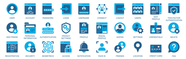 User account icon set in flat duotone solid icons web design. Pack pictograms with password, login, username, connect, edit, profile, two factor authentication, add friend, other. Vector illustration.