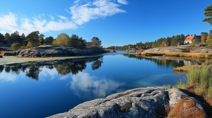 Naklejka premium Serene Sweden Landscape with Blue Sky for Travel and Nature Concepts
