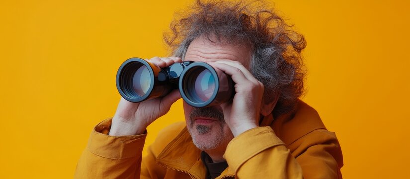 Man Looking at You with Binoculars on Single Color Background for Surveillance or Spy Concepts