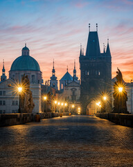 Naklejka premium city, prague, architecture, river, europe, bridge, castle, building, cityscape, town, travel, view, urban, skyline, night, landma, charles bridge, cathedral, autumn, panorama, church, water, czech