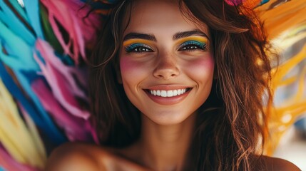 Obraz premium Colorful Makeup Portrait of a Pretty Woman, potential usecase for beauty and cosmetics advertising