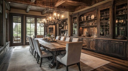 A large dining room with a long wooden table and many chairs