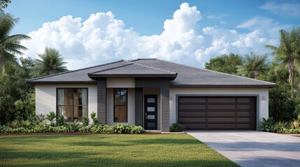 Modern Single Home with Front Yard and Blue Sky, ideal for real estate or suburban lifestyle concepts