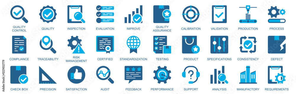 Poster quality control icon set in flat duotone solid icons web design. pack pictograms with inspection, ev