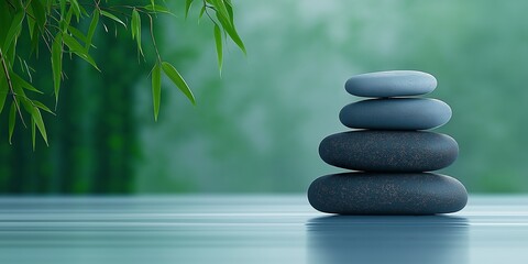 Obraz premium A carefully arranged stack of smooth stones sits atop a reflective surface in a peaceful outdoor environment surrounded by lush green foliage. The calm atmosphere promotes relaxation.
