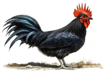 Fototapeta premium Vibrant Feathered Rooster with Glossy Black Plumage and Bright Red Comb Struts Confidently Across a Natural Ground Setting in an Artistic Style