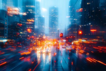 Fototapeta premium Vibrant City Lights Create a Dynamic Blur in Downtown Skyline View During Evening Rush Hour Near Los Angeles