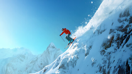 Professional skier in red jacket performs extreme freeride descent on steep mountain slope, spraying powder snow. Dynamic sports action photography capturing winter adventure, downhill skiing mastery
