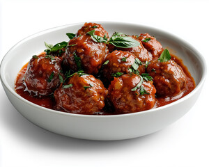 Delicious meatballs in tomato sauce served elegantly on a unique Italian plate for an upscale dining experience